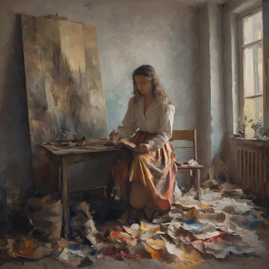 Φωτογραφία μιας καλλιτέχνιδος στη δημιουργική της ατμόσφαιρα κοντά σε πίνακα και σκονισμένα χαρτιά σε ένα εργαστήριο τέχνης, ποιοτική τέχνη & δημιουργία.