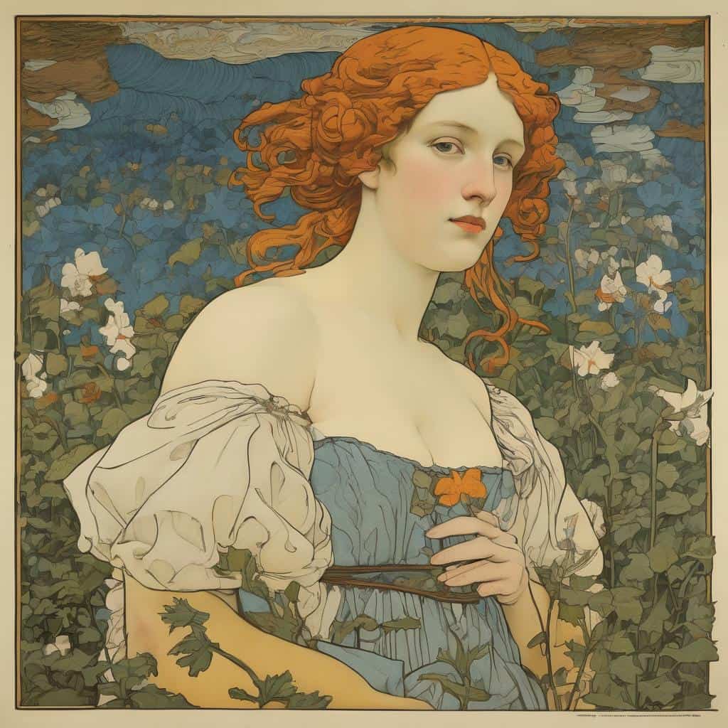 Αλτ κειμενό: Αγγελία γυναικείου πορτρέτου με κοκκινα μαλλιά και λουλούδια, ρεαλιστικό και καλλιτεχνικό σχέδιο.
