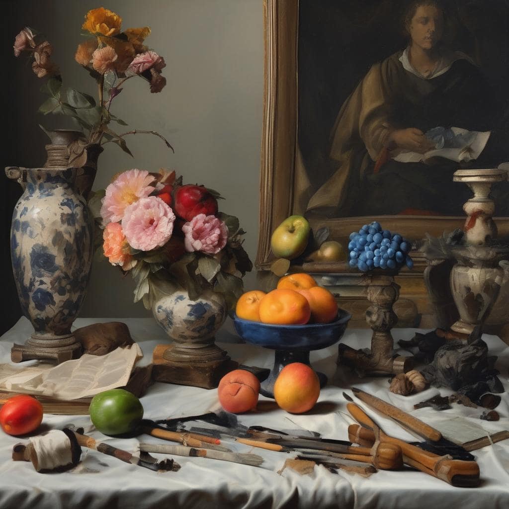 Παραδοσιακή ζωγραφική με έργα τέχνης, φρούτα και αντικείμενα συλλογής, εμβληματική καλλιτεχνική κληρονομιά και βιογραφίες δημιουργών.