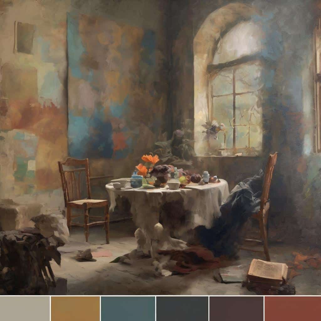 Ρετρό εσωτερικό δωμάτιο με παράθυρο και τραπέζι με λουλούδια, σε ρεαλιστικό στυλ.