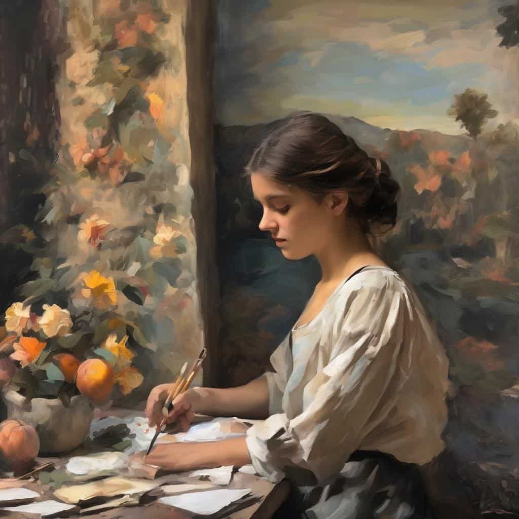 Γυναίκα ζωγράφος σε καλλιτεχνική δημιουργία, εικόνα εργασίας και καλλιτεχνικής κληρονομιάς.