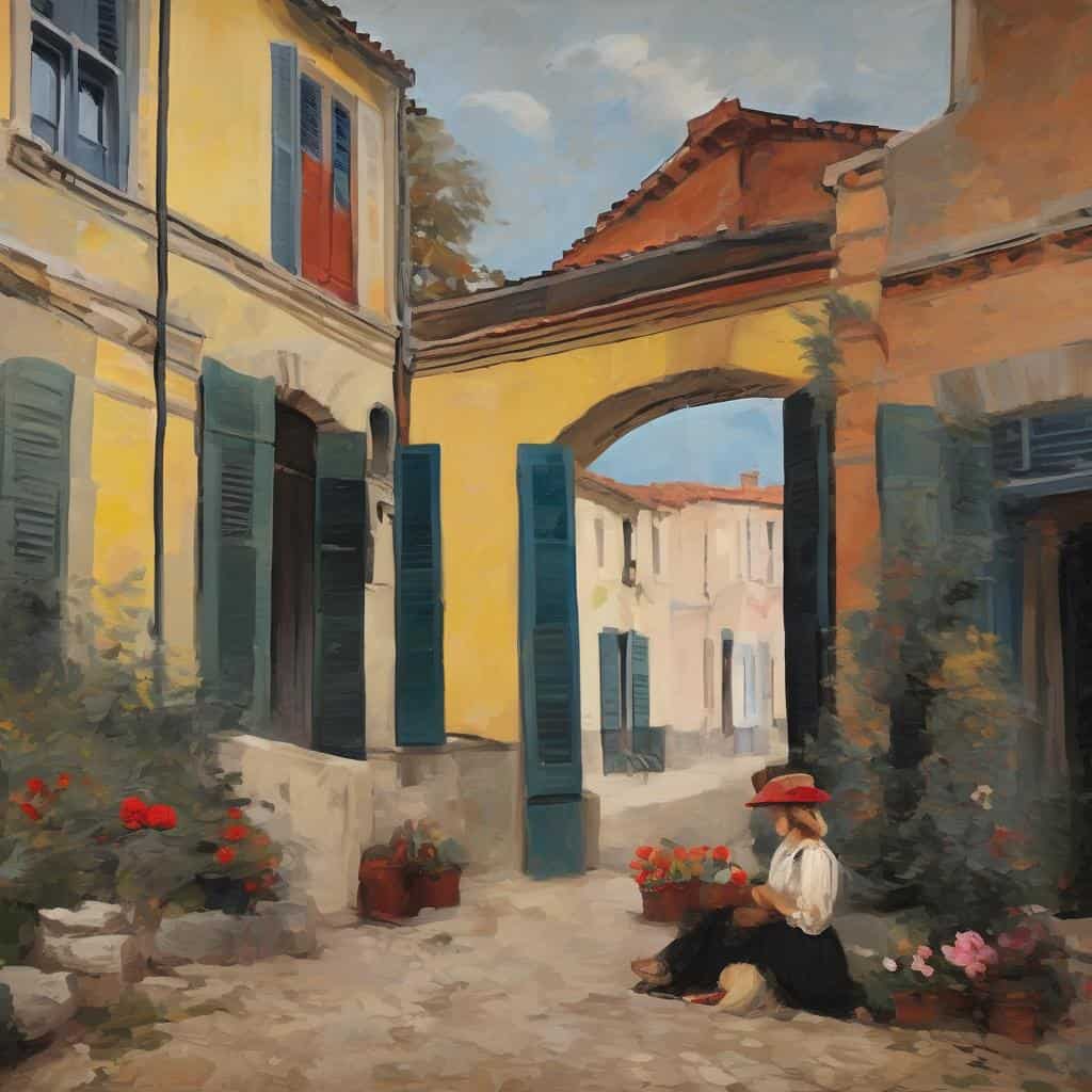 Ντόπιος περιπλανώμενος σε γραφικά ελληνικά σοκάκια με πολύχρωμα σπίτια και λουλούδια, έργο τέχνης που αποτυπώνει την καλλιτεχνική κληρονομιά.